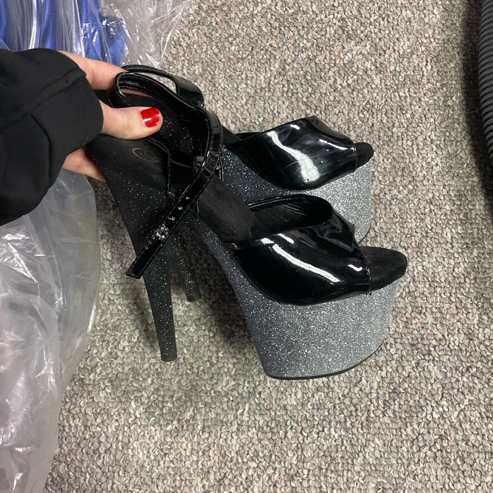 Pleaser Black and Glitter Silver Platform Sandals